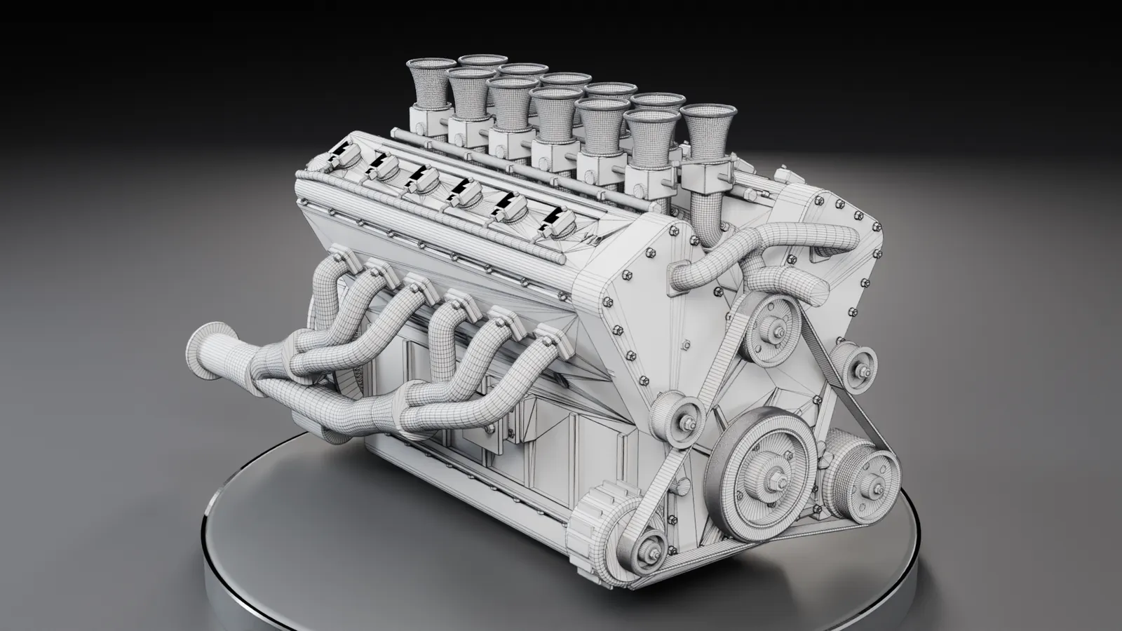Motore V12 animato con spaccato, wireframe