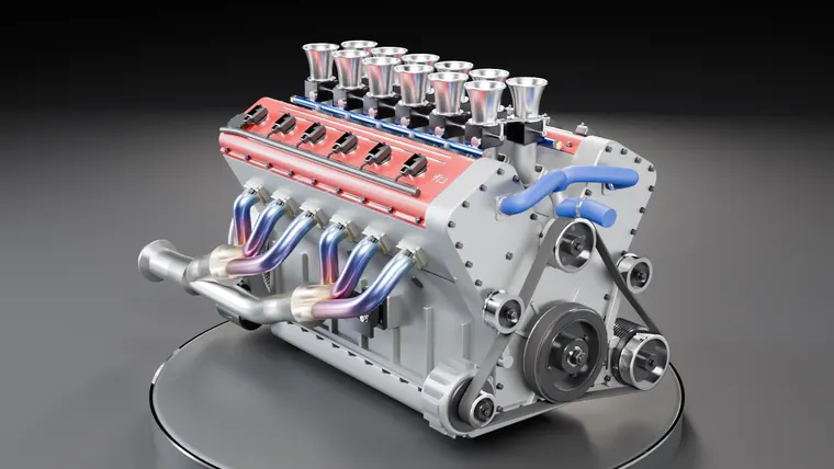 Motore V12 animato con spaccato
